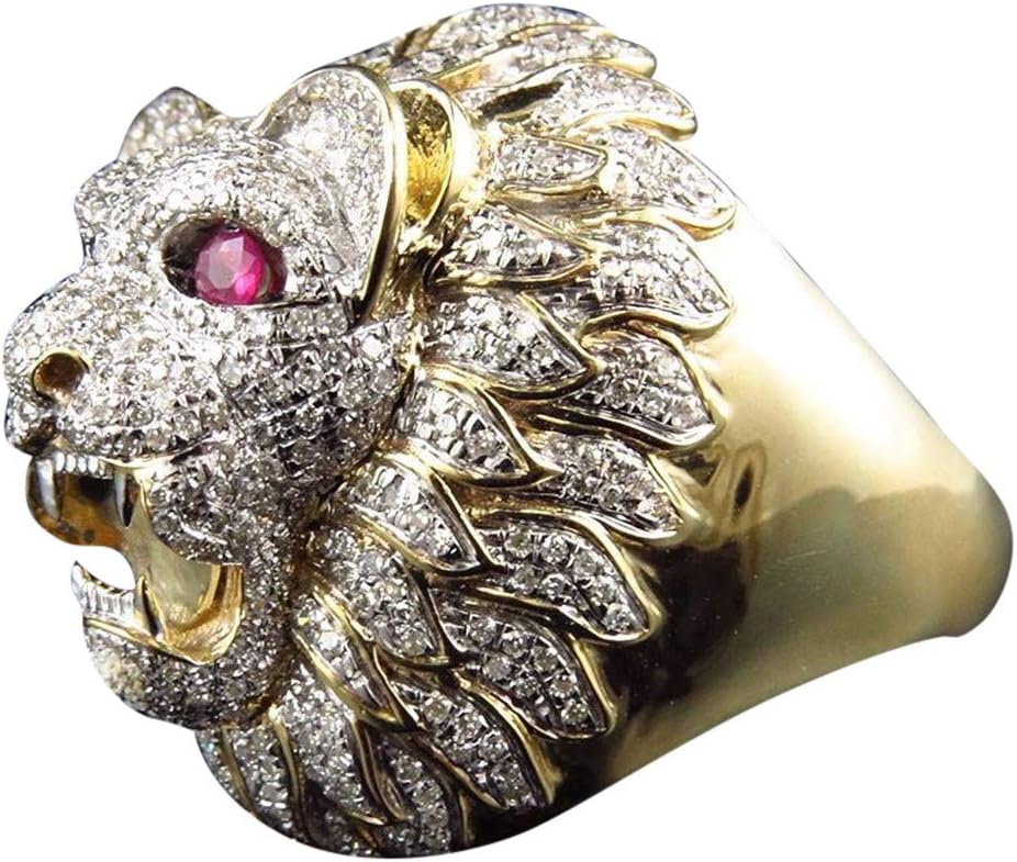Lethez Men Fashion Punk Style Lion Head Gold Filled Natural Ruby Gemstone Diamond Ring Hip Hop Jewelry