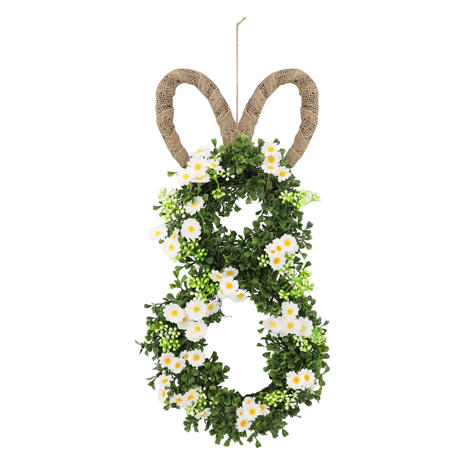 Photo 1 of 19.6 Inch Easter Bunny Wreath, Easter Bunny Wreath Spring Bunny Shaped Artificial Flower Band with Greenery White Daisies for Front Door Wall Window Holiday Season Decoration