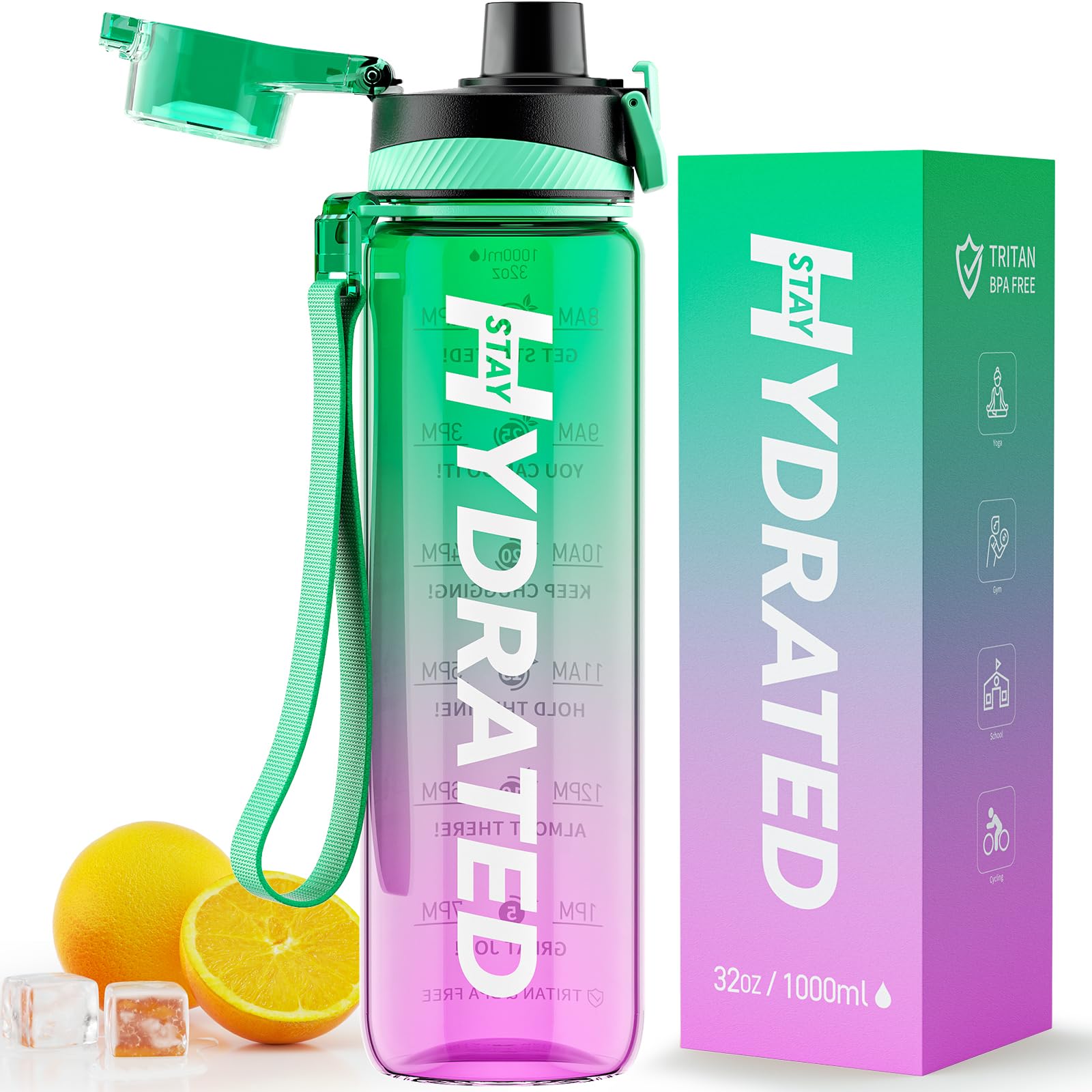 Mevoly Water Bottle, 32oz Sports Motivational Water Bottle, 1L Tritan Water Bottle with Time Markings to Drink & Strap, BPA Free, Wide Mouth, LeakProof for Women Men Gym Fitness Outdoor