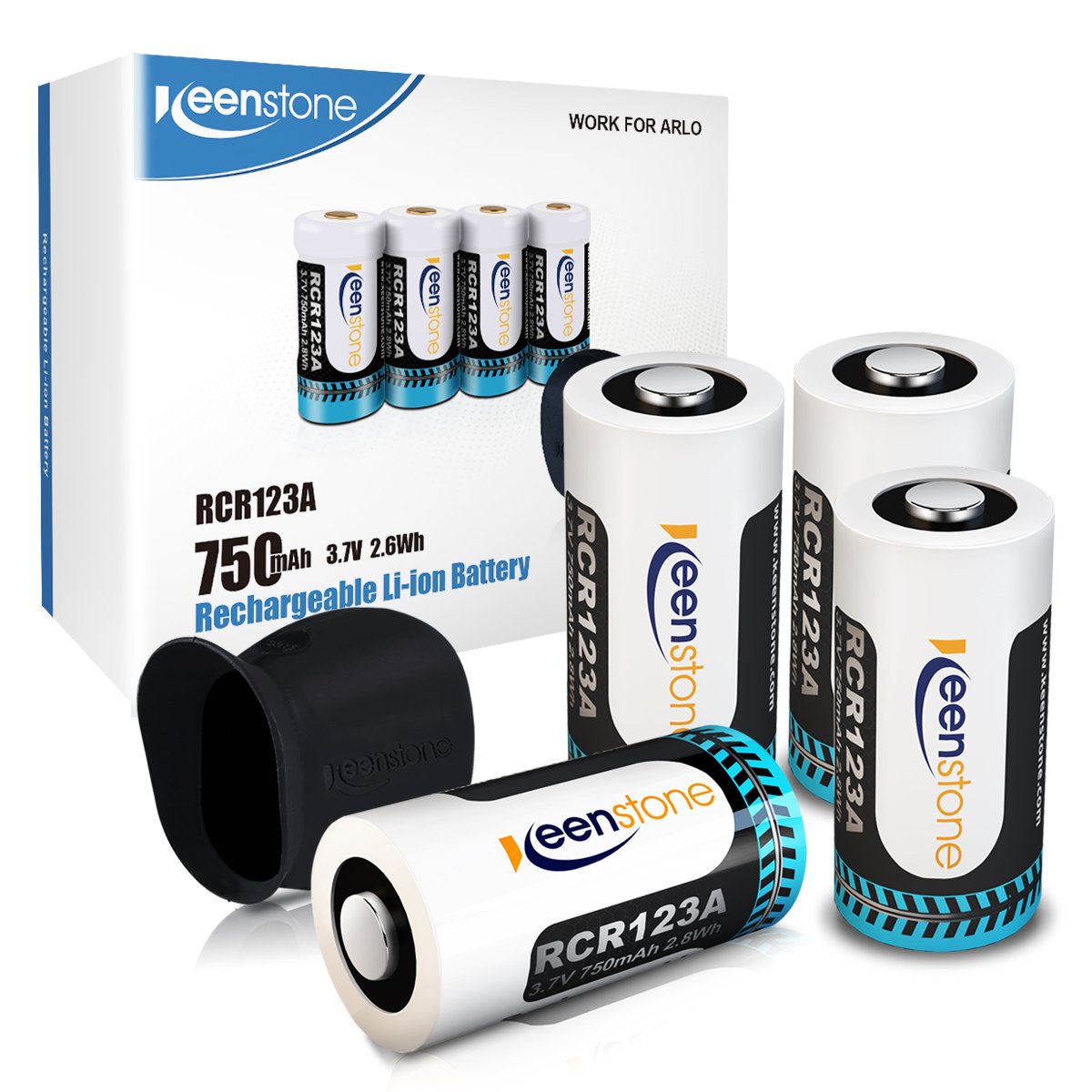 RCR123A Rechargeable Camera Batteries, Keenstone 4Pcs 750mAh Rechargeable CR123A Li-ion Batteries with Camera Skin and Battery Case for Arlo VMS3030/3230/3330/3430 Cameras