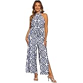 Allegra K Casual Sleeveless Jumpsuit for Women's Boho Pattern Tie Halter Neck Beach Slit Wide Leg Pants