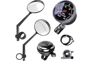 Lomodo 4 Pieces Bike Accessories Including 2 x Bicycle Rear View Mirrors 1 x Classical Old School Style Bike Speedometer Analog Odometer and 1 x Aluminum Cycling Bell for 24”-27.5” Bicycle