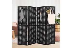 JVVMNJLK 4-Panel Pegboard Display, Room Divider Wood Folding Privacy Screen Freestanding Display Board Organizer for Retail, Craft Show, Art Display，Black