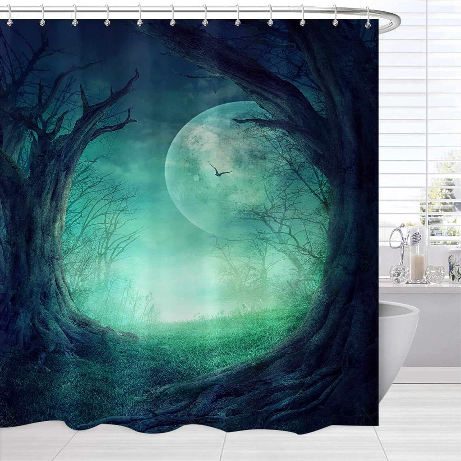 Amazon Com Fantasy Fabric Bathroom Shower Curtain Fairy Forest Tree Mystical Full Moon Enchanted Nature Scene Bath Bathtub Curtain Shower Horror Bathroom Decor Set With Hooks 72 Inch Long Kitchen Dining