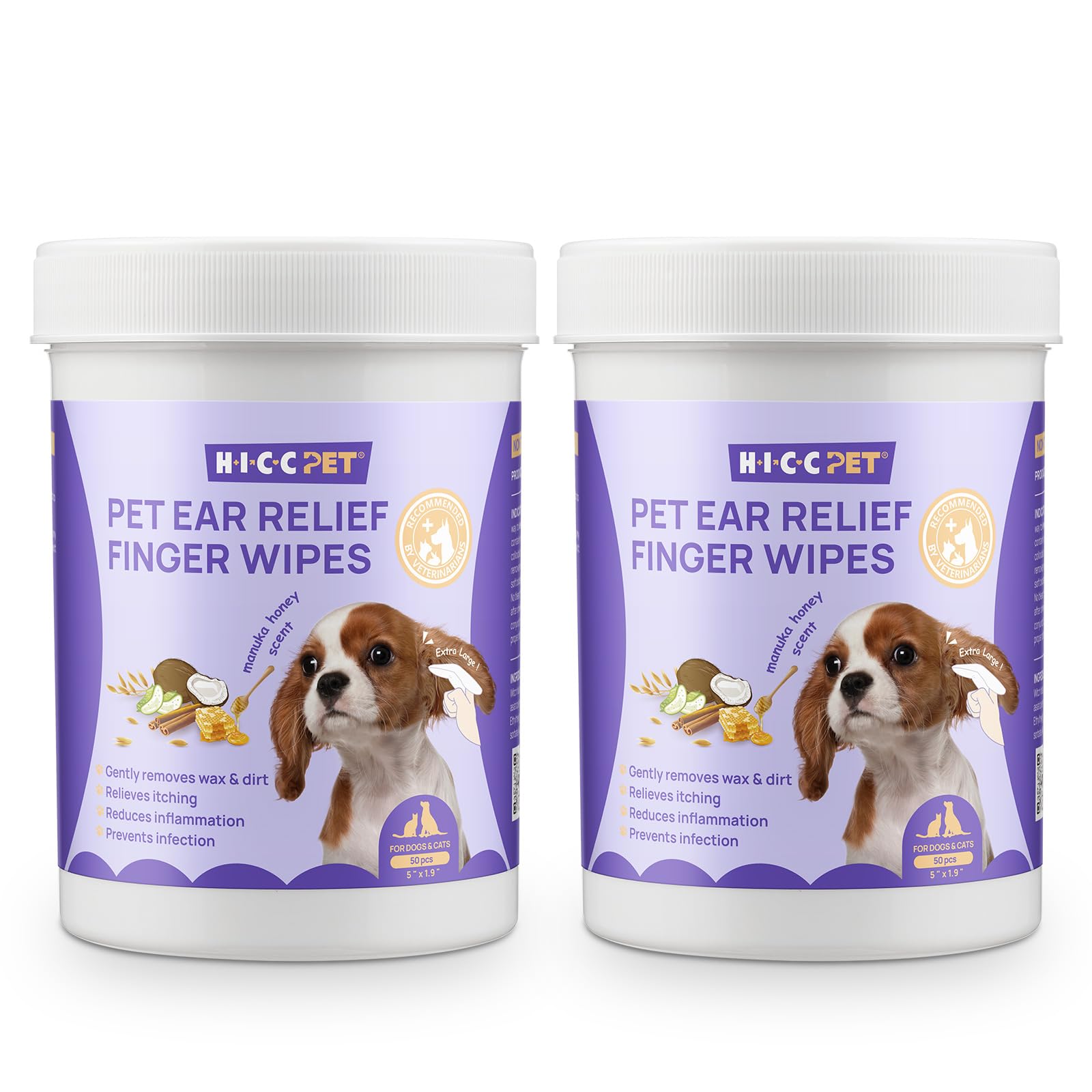 HICC PET Ear Cleaner Wipes for Dogs & Cats, Vet-Recommended Dog Ear Infection Treatment to Relief Itching & Inflammation, Remove Wax, Dirt & Stop Smelly, Cleaning Deodorizing Wipes 100ct(Honey Scent) Image