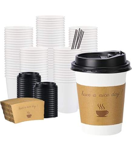Amazon.com: JOLLY PARTY [100 Sets] 10 oz Paper Coffee Cups, Disposable  Coffee Cups with Lids, Sleeves and Straws, Hot Cold Beverage Drinking Cup  for Water or Tea, To-Go Cups Suitable for Office
