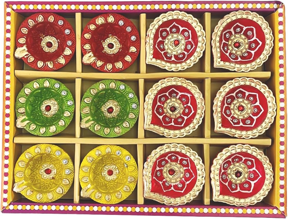 Oil Lamps & Accessories - KSJONE Diwali Decoration Handmade Colorful Earthen Clay Handpainted Diyas for Diwali Pooja Festival Decoration Lights for Diwali Home Indoor Outdoor Decor with Cotton Wicks (Set of 12)