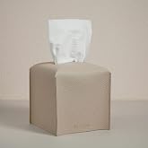OLETHA Square Tissue Box Cover, Aesthetic Desk Decor, Light Taupe | Faux leather tissue box holder for room, home, office; fi