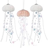 Namalu 3 Pcs Sea Urchin Jellyfish Christmas Ornament Coastal Beaded Beach Theme Holiday Decor Ocean Inspired Hanging Jellyfish Decoration with Crystal and Ribbon (White,Orange)