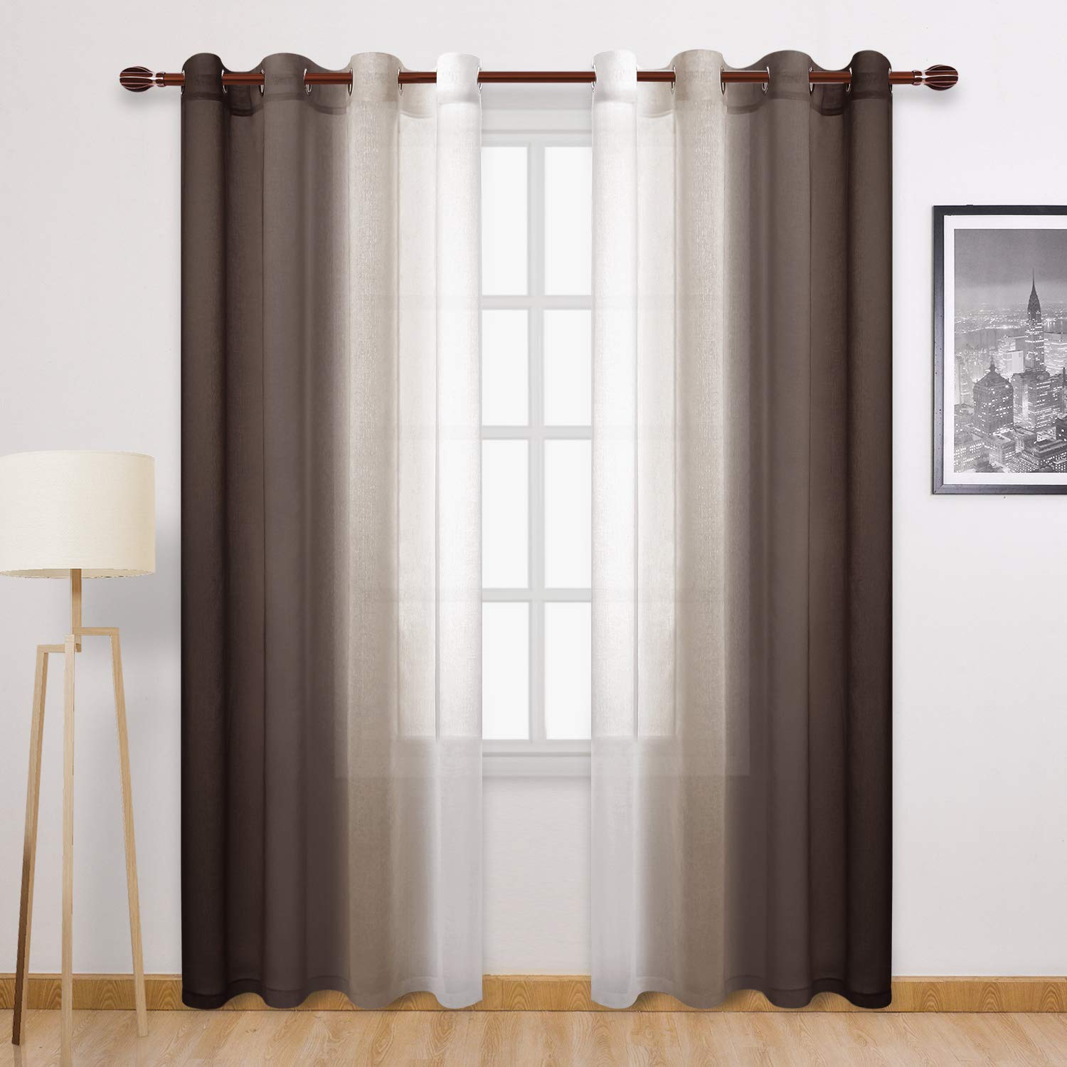 DWCN Faux Linen Ombre Sheer Curtains - Semi Voile Gradient Grommet Top Curtains for Bedroom and Living Room, Set of 2 Window Curtain Panels, 52 x 84 Inches Long, Chocolate Brown Image