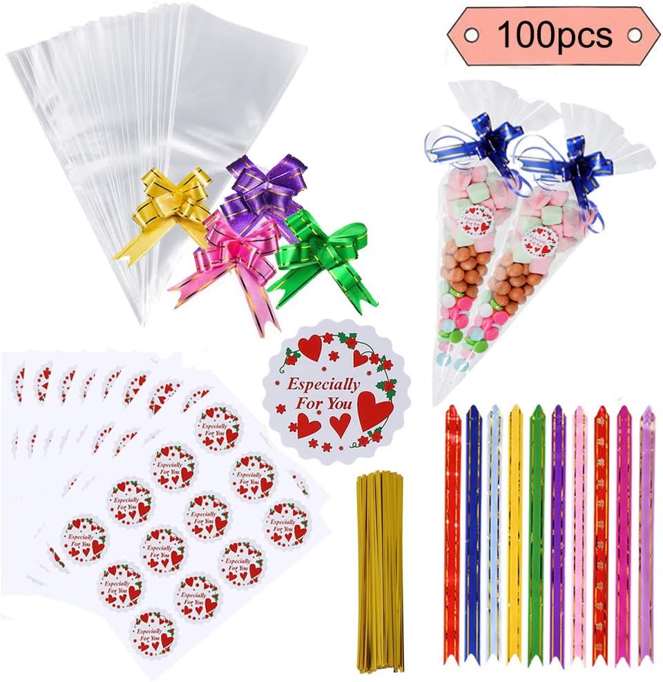 OMEYA Cone Bags for Sweet, Cellophane Bag with Ties, Ribbons Bows and Stickers, Plastic Bags Clear Treat Bags for Sweet Party, Snacks, Candies, Birthday Favors and Wedding 7x14.5 inch (100pcs)
