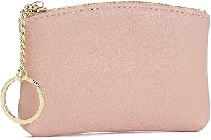 WOZEAH Artificial Leather Coin Purse Change Purse With Key Chain Ring Zipper For Men Women (A Pink)