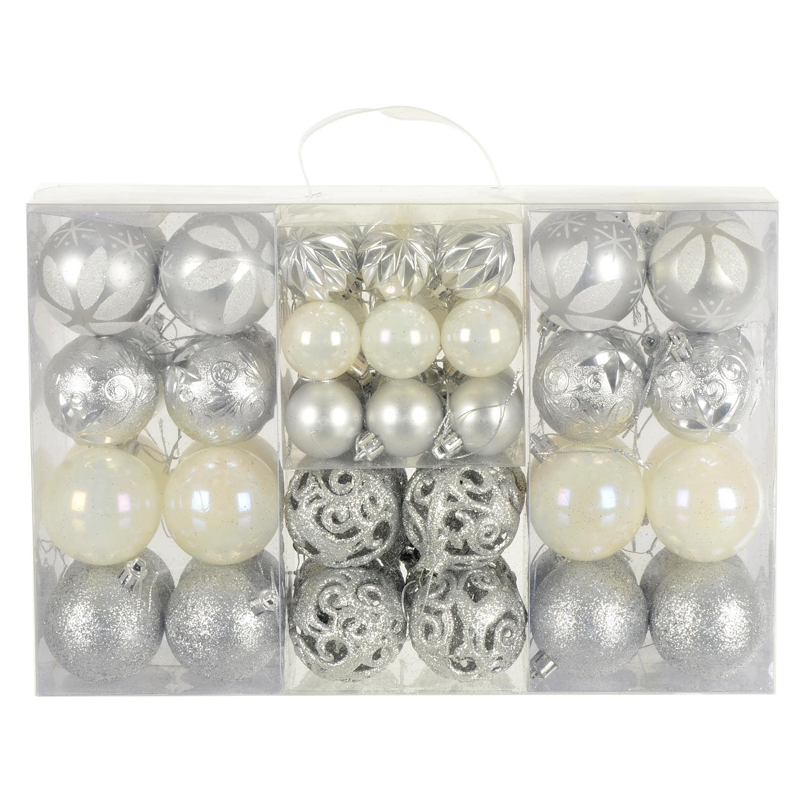 Set of 67 Christmas Baubles Tree Decorations Assorted Designs Sizes Carry Case - Silver