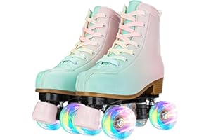 YYW Roller Skates for Girls and Women, Fantastic Gradient Pink and Green PU Leather Light Up Kids Youth Roller Skates, Indoor