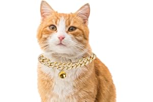 Halukakah Cat Collar - Carat - Iced Out Diamond Cuban Link Gold Chain for Cats & Kittens - 18k Real Gold Plated 9" Collar Size - with Bell - for Decoration Only - Get Your Cat Catwalk Ready