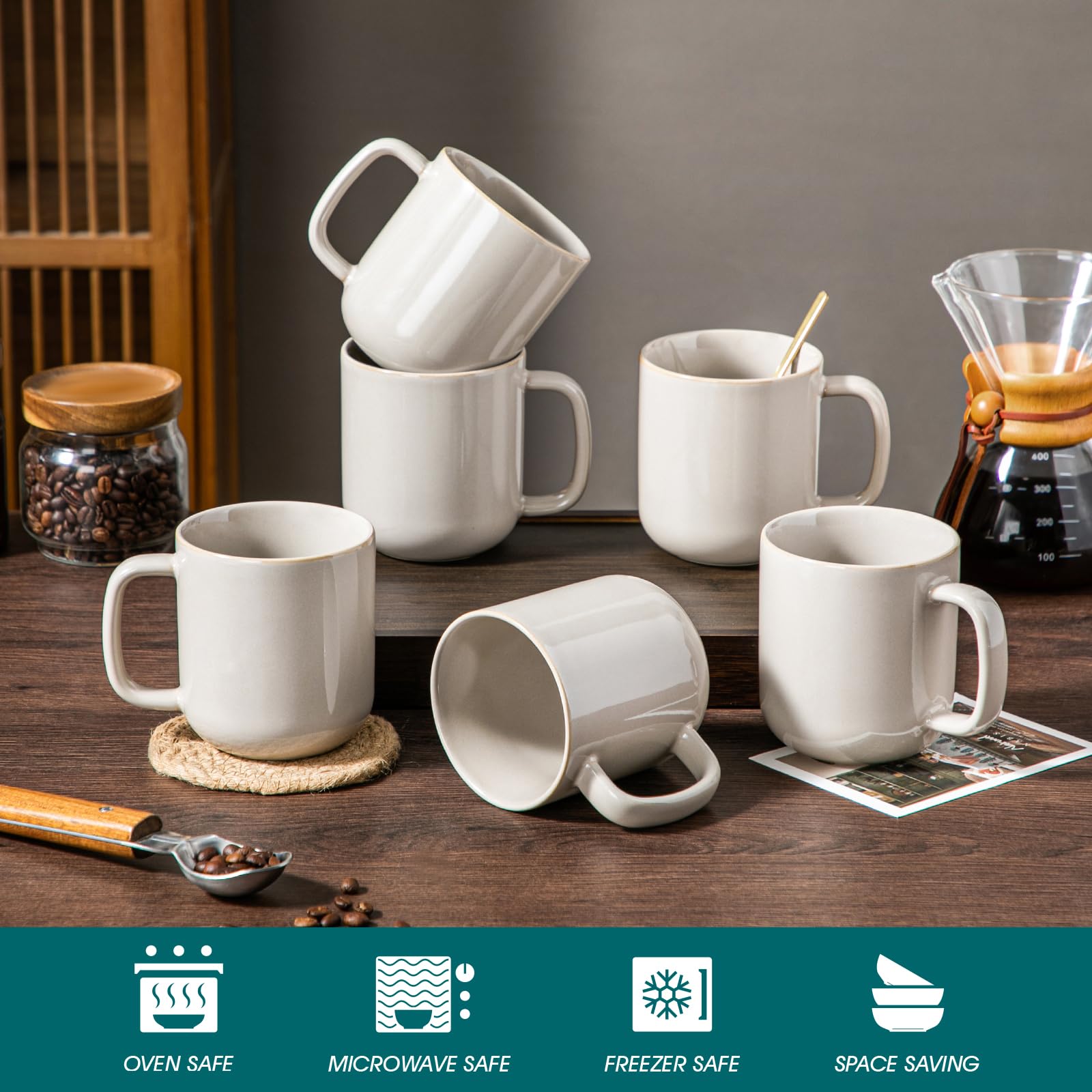 Kaffeetassen Set 6er, vancasso PLAYA Tassen Set 6 Stück mit Henkel 480ml, Teetassen aus Steingut, Mikrowellen und Spülmaschinenfest, Soft Beige 3