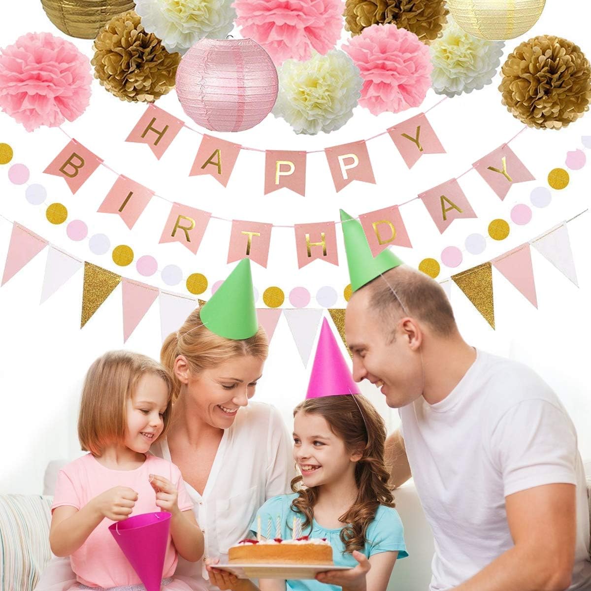 Pink and Gold Birthday Party Decorations Decor Supplies First 1st Birthday Girl Decors Decorations Kit Pom Pom Lanterns Polka Dot Triangle Garland Banner Party Supplies Backdrop: Toys & Games
