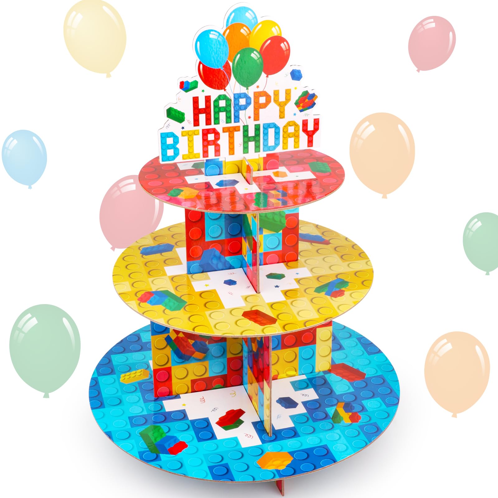 Photo 1 of Hooqict Building Block Cupcake Stand, 3 Tier, Cardboard, Multicolor, for Blocks Party, Birthday Decorations