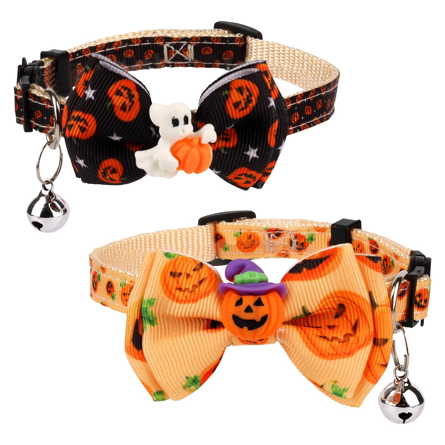 2pcs Halloween Cat Collar, Adjustable with Bow Printed Pumpkin Ghost Pattern, Breakaway with Silver Bell, Cute Collar for Kitten & Puppy