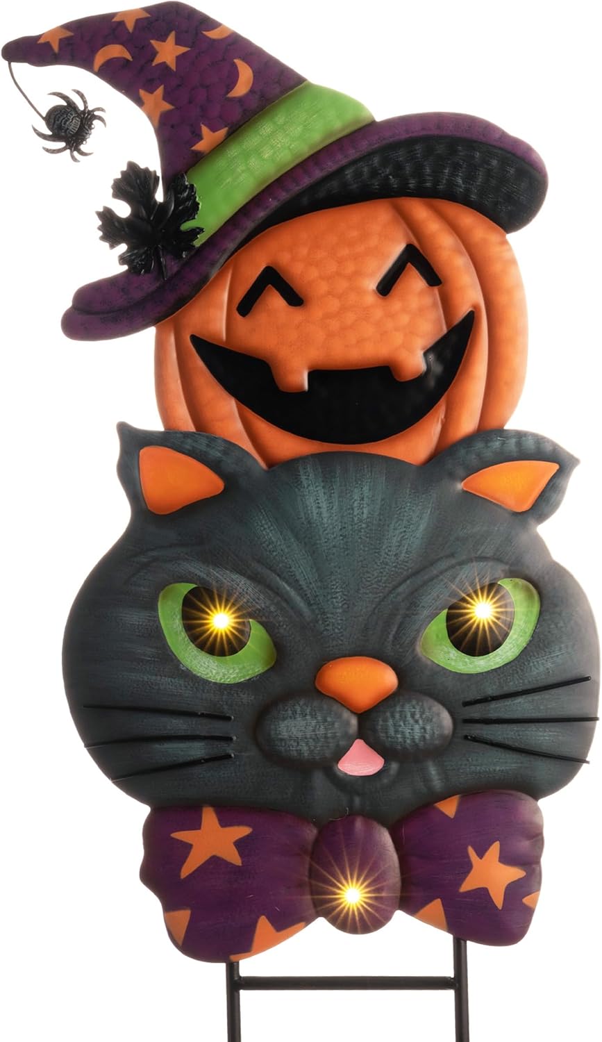 Decorative Garden Stakes - Valery Madelyn Pre-Lit Halloween Decorations Outdoor, Solar Halloween Yard Stake with 2 Stacked Cute Black Cat Pumpkin, Metal Yard Art Lawn Ornaments for Party Gift Porch Patio Garden Decor, 22.5
