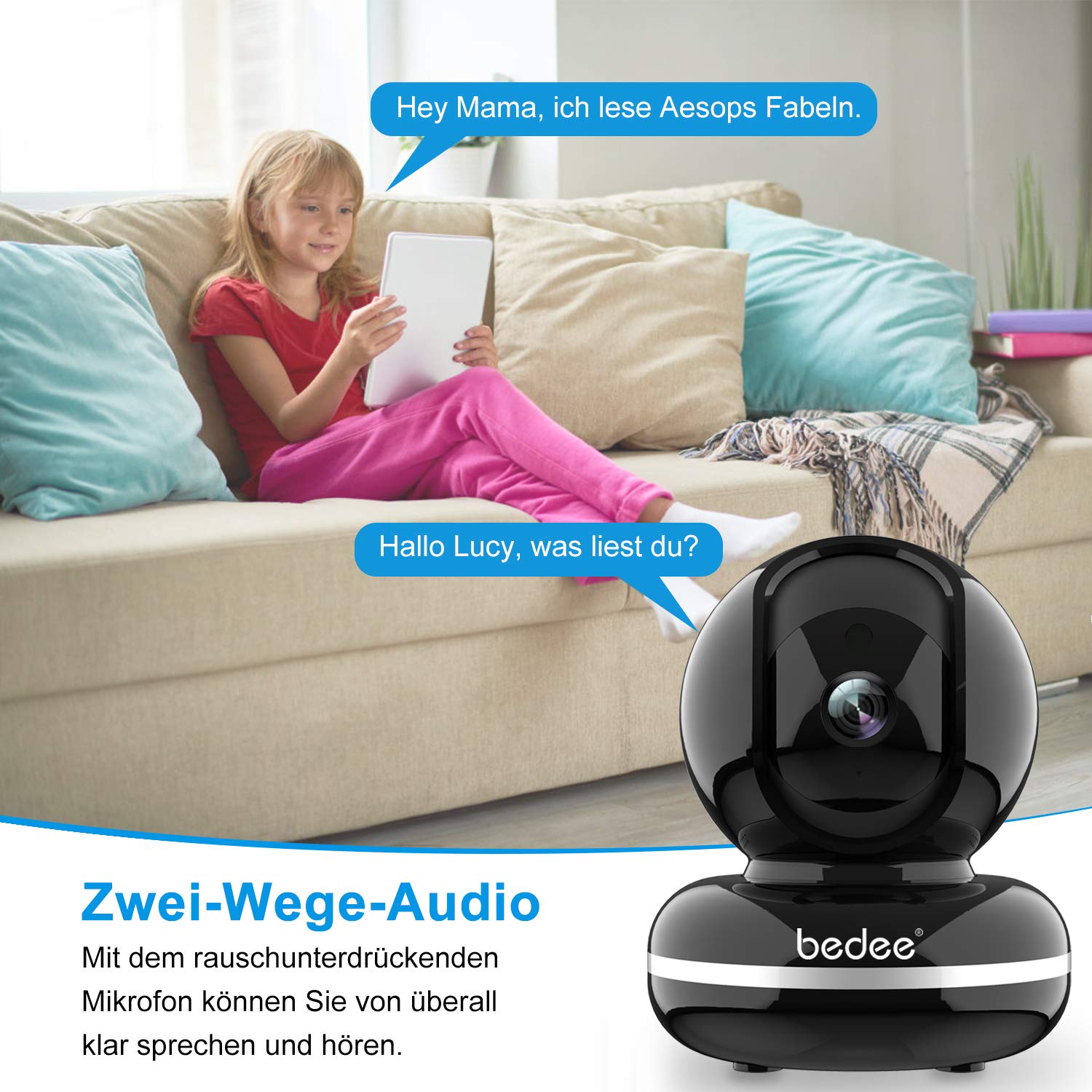 WLAN IP Kamera, bedee WiFi Überwachungskamera 1080P HD Sicherheitskamera mit Bewegungserkennung, Zwei-Wege-Audio WLAN Kamera Indoor Nachtsicht, Haustier/Home/Baby Monitor 355°/110°Schwenkbar Schwarz