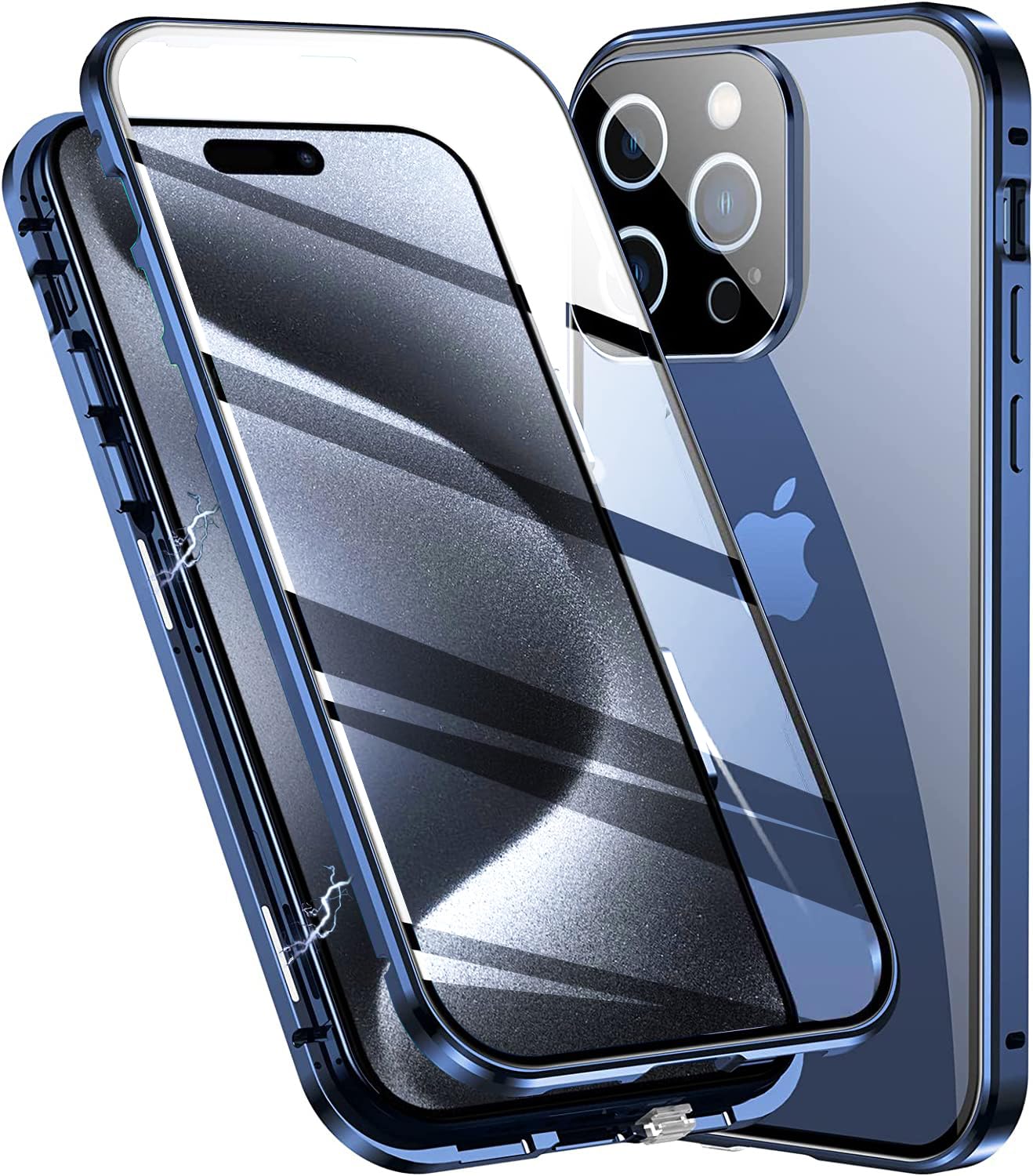 Colala Case for iPhone 15 Pro Max Magnetic Cover Magnetic Adsorption Technology Metal Frame Case Aluminum [Front and Back 9H Tempered Glass] 360° Full Protection Ultra Slim Case - Blue