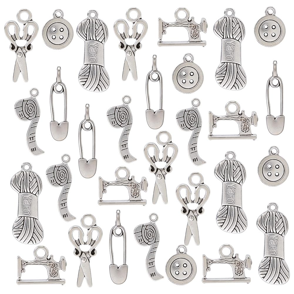 PH PandaHall 30pcs Sewing Knitting Themed Tibetan Style Alloy Charms Pendants, Scissor, Pipe, Safety Pin, Yarn Clew, Button, Sewing Machine Charms, Antique Silver
