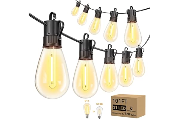 Minetom 101FT Outdoor-String-LED-Patio-Lights-Waterproof, 31Shatterproof S14 Vintage Edison Bulbs, Commercial Grade Outside Hanging Lights Waterproof for Porch Deck Garden Backyard Balcony Cafe Bistro