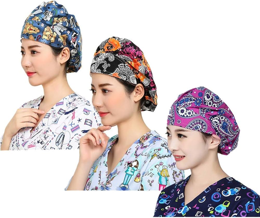 LTifree 3pc Women's Adjustable Bouffant Caps Hats Working Cap Sweatband Value Set Multi Color: Clothing