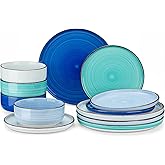 vancasso Bonita Blue Dinnerware Sets, Plates and Bowls Set for 4, 12 Pieces Stoneware Dinnerware Set, Dishwasher and Microwave Safe