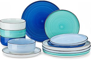 Bonita Blue Dinnerware Sets, Plates and Bowls Set for 4, 12 Pieces Stoneware Dinnerware Set, Dishwasher and Microwave Safe