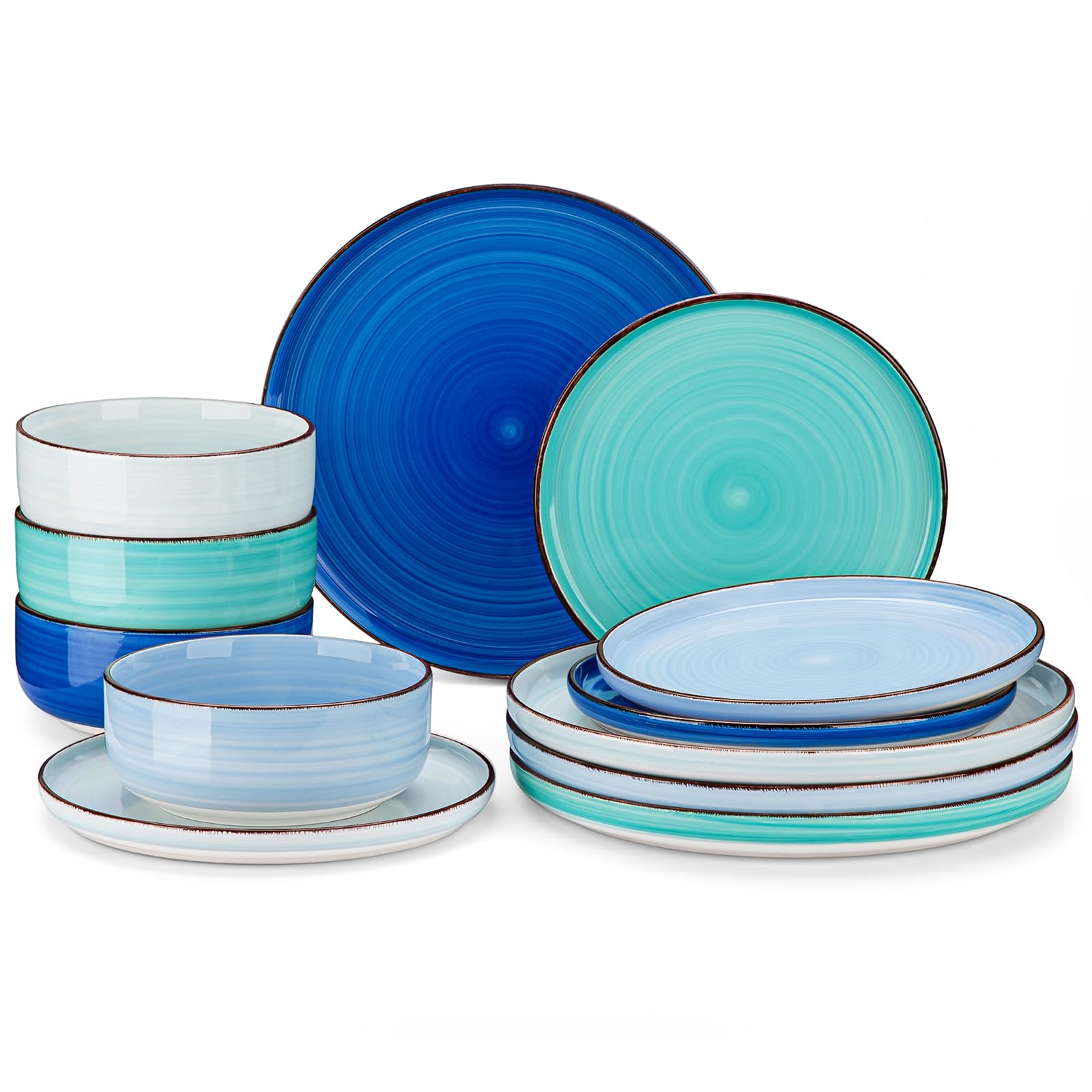 Photo 1 of vancasso Bonita Blue Dinnerware Sets, Plates and Bowls Set for 4, 12 Pieces Stoneware Dinnerware Set, Dishwasher and Microwave Safe