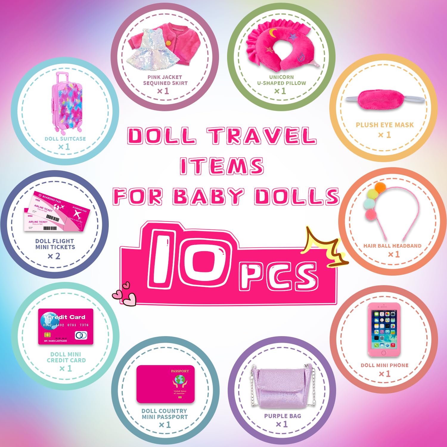 K.T. Fancy 18 Inch American Doll Clothes and Accessories, Doll Travel Suitcase Playset for Girls, Cute Travel Doll Clothes for 18 Inch Girl Doll(Not Include Doll & Shoes), Pink