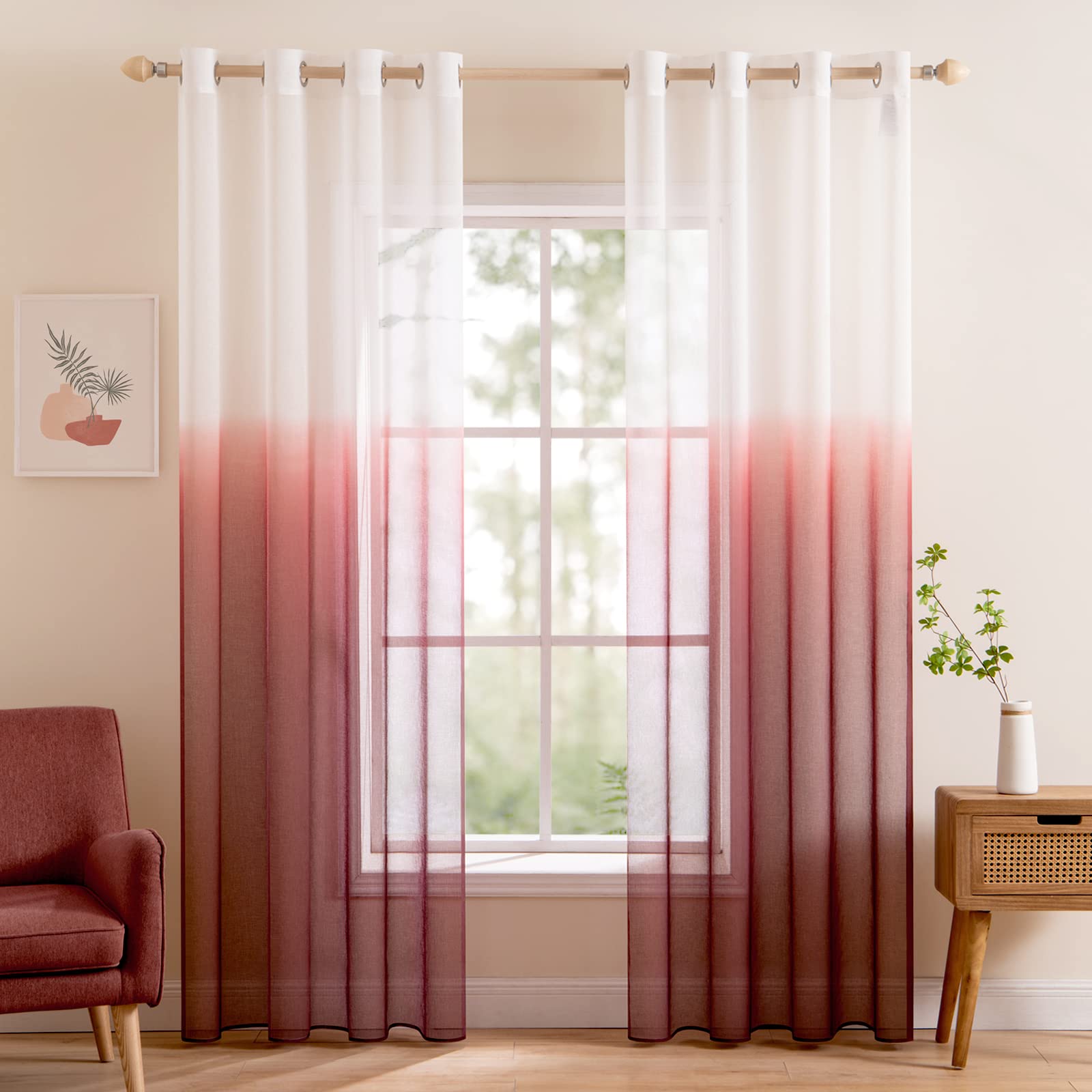 MIULEE Set of 2 Gradient Curtains with Eyelets Window Mosquito Net in Polyester Colour Changed Half Transparent Shade Decor for Living Room, Bedroom, Office, 140 x 145 cm (L x H) Dark Red
