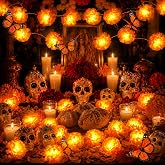 3Pcs Day of Dead Marigold Lighted Garland+5Pcs 3D Butterflies for Diwali | Included 3Pcs Lighted Marigold Garlands and 5Pcs 3D Butterflies 30 Artificial Flowers for Parties