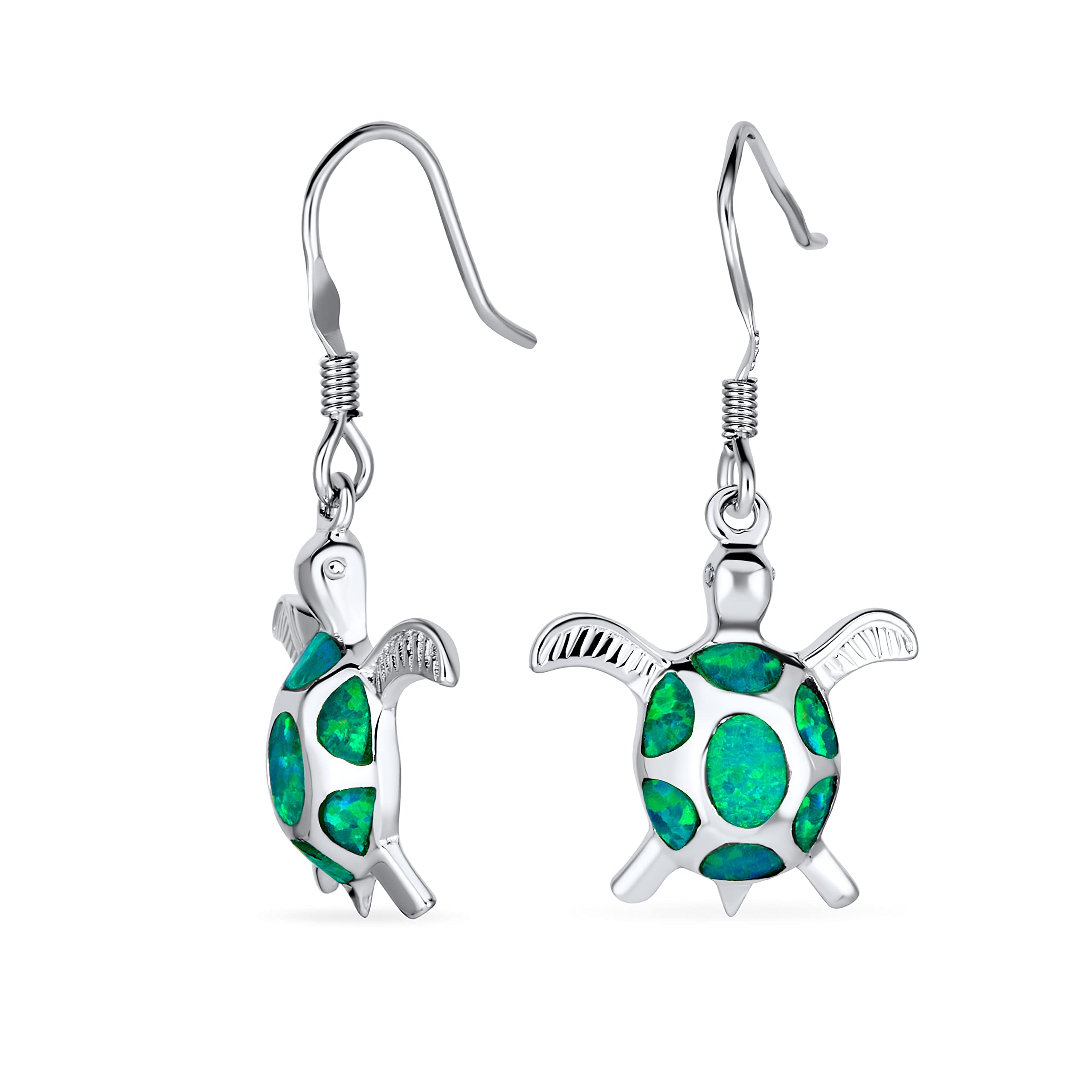 Nautical Aquatic Tropical Beach Vacation Iridescent Green Created Opal Inlay Sea Tortoise Turtle Dangle Drop Earrings For Women Teen .925 Sterling Silver Fish Hook