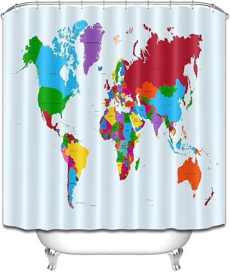 Amazon カラフルな世界地図国境ボーダーシャワーカーテンセット 地理教育地図プリントカーテン シャワーウィンドウカーテン防水 165x180cm シャワーカーテン ホーム キッチン オンライン通販