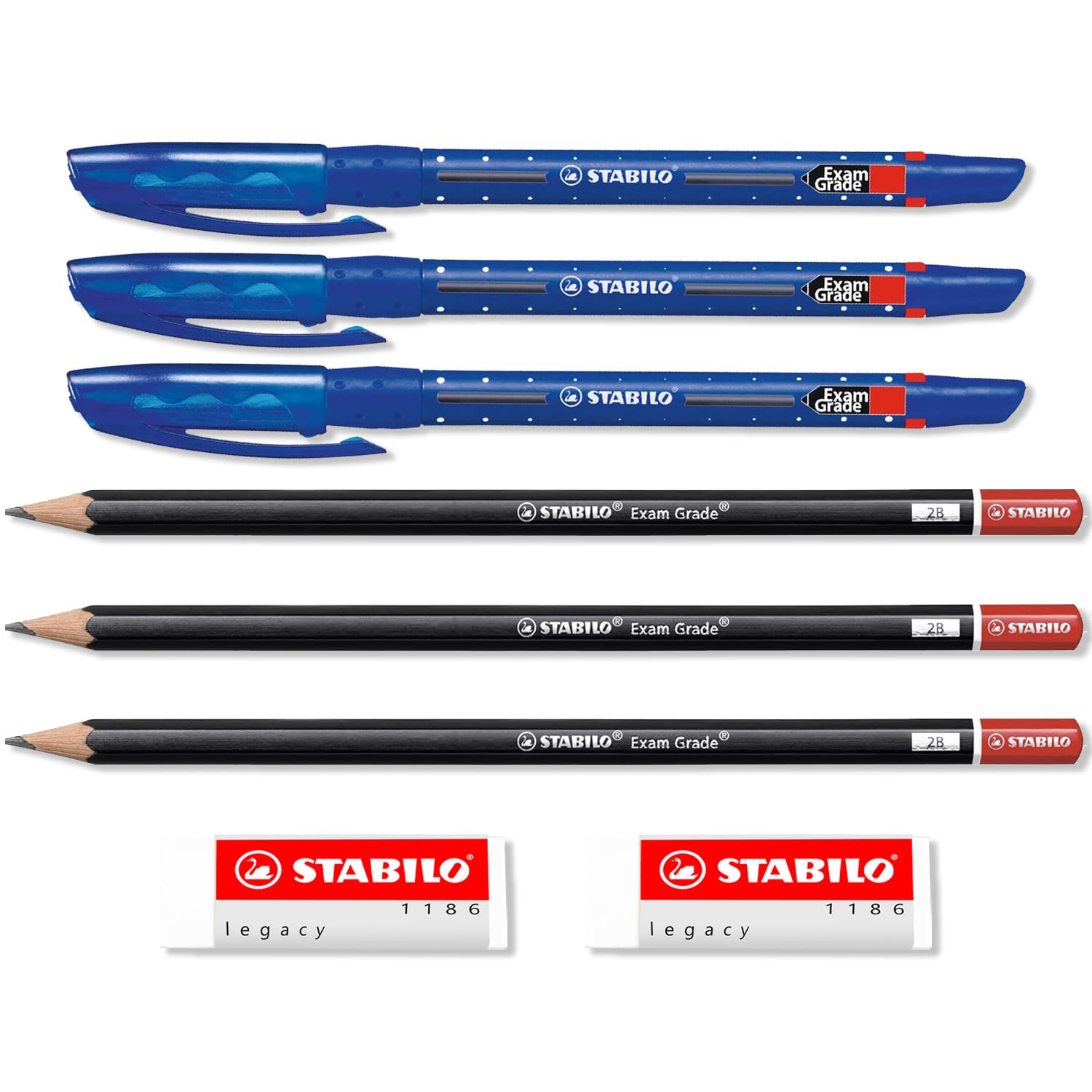 STABILO Exam Grade School Stationery Set - 3 Pens, 3 x 2B Pencils, & 2 Legacy White Erasers Rubbers (Blue)