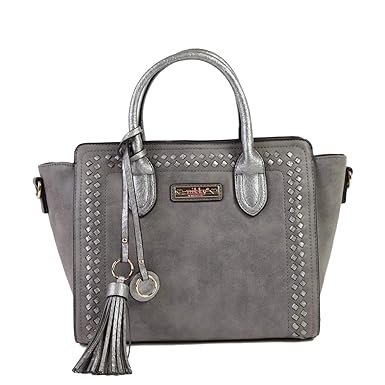 Nikky Top Handle Gray Satchel Bag, Spacious Compartment, Decorative Tassel Travel Shoulder Bag