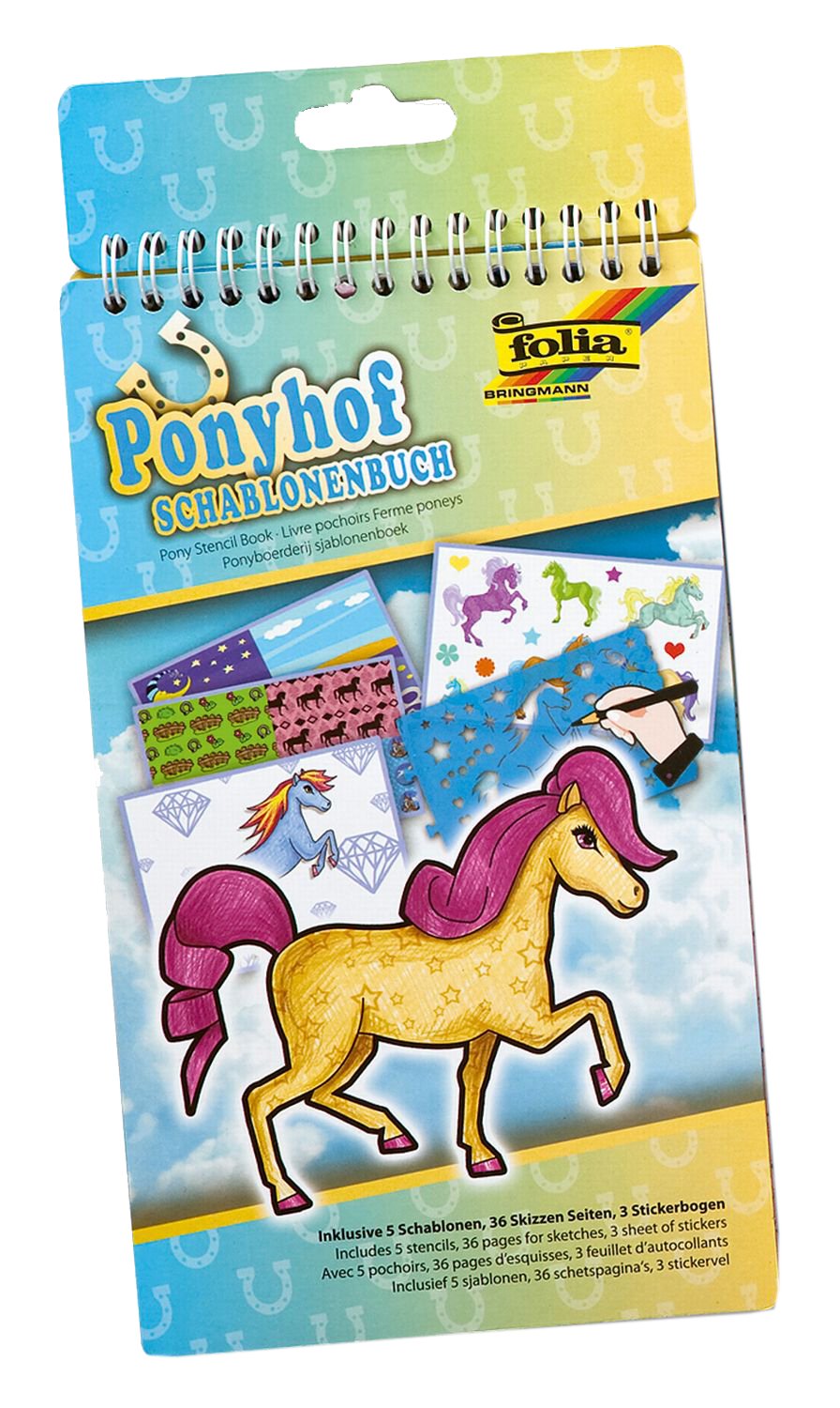 folia 41101 Stencil Book Ponyhof, Pad with 36 Colouring Pages, 5 Stencils and 3 Sticker Sheets, Ideal for Girls