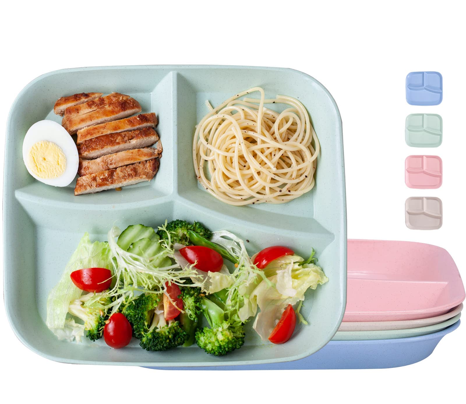 Orrdiffi Dinner Plates 4pcs Unbreakable Divided Plates 3 Sections Portion Control Diet Plate Tray with compartments Plastic Dinner Set Reusable Dishes Set,BBA Free, Healthy pp for Adults Kids