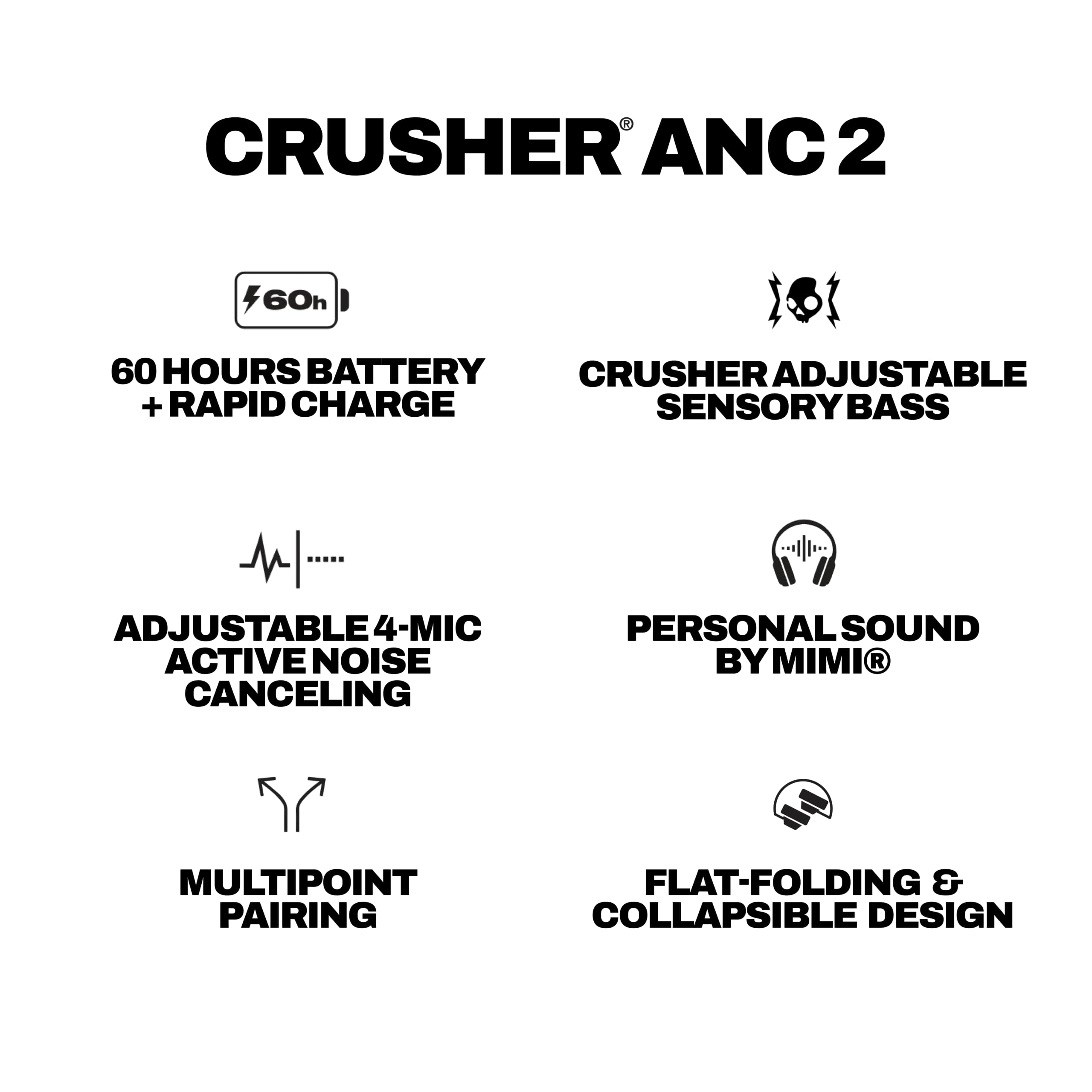 Skullcandy Crusher ANC 2 Over-Ear Active Noise Cancelling Wireless Bluetooth Headphones with Sensory Bass, Alexa Voice Control, 50 Hr Battery, Microphone, 2 Year Warranty – Asphalt