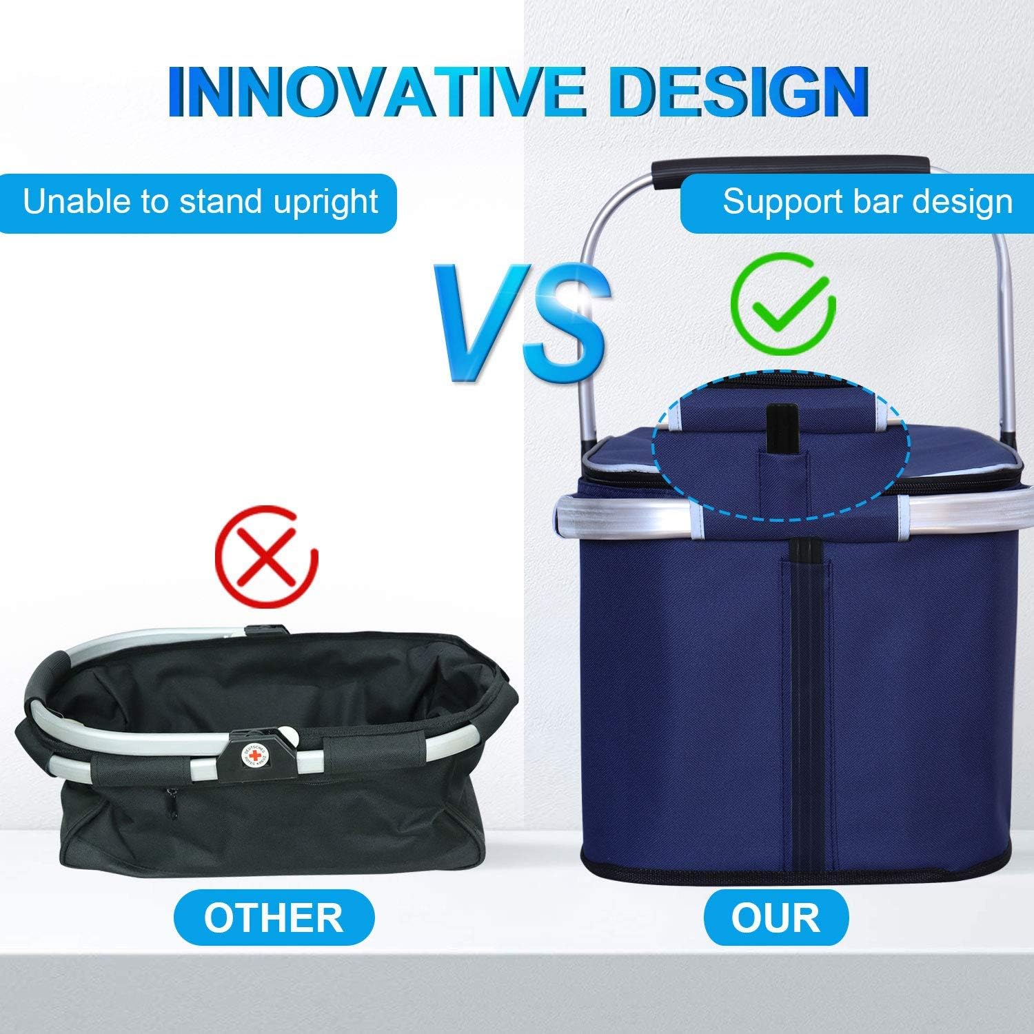 LIQING 35L Large Picnic Basket, Shopping, Travel, Camping Grocery Bags, 2 Layers of Internal Pockets Leak-Proof and Insulated, Folding, Internal Support Does Not Collapse (Blue): Kitchen & Dining