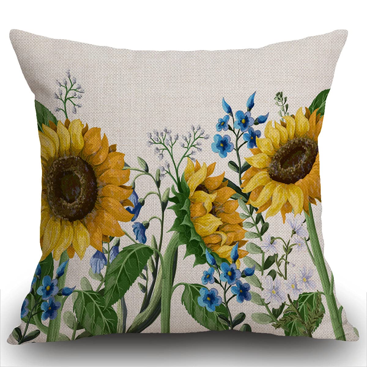 Smooffly Ink Painting Watercolor Yellow Sunflowers Blue Flowers Summer Decorative Cushion Cover Home Living Room Bed Sofa Car Cotton Linen Throw Pillow Cover Square 18 x 18 Inches 45x45cm