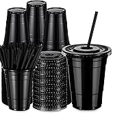 LemonRoad 50 Set 16 oz Black Party Cups with Lids and Straws, Disposable Black Plastic Heavy Duty Drinking Cups for Valentine Party Picnics Barbecues Christmas Wedding Birthday