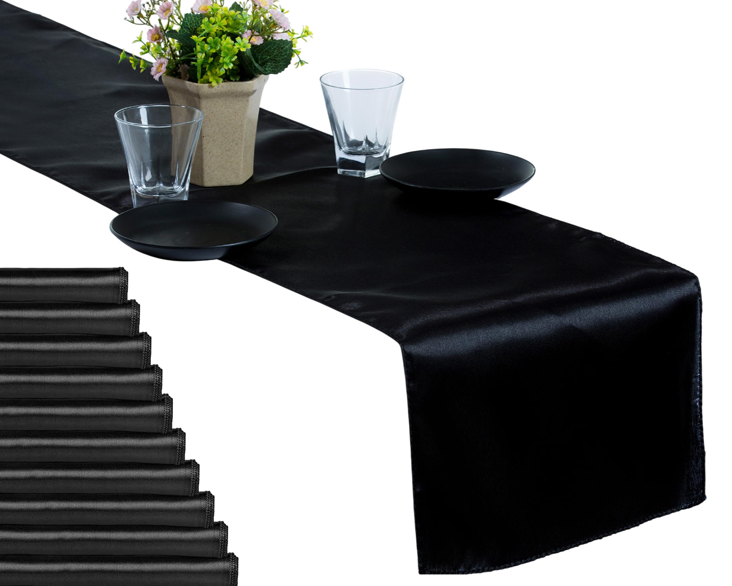 MDS Pack of 10 Satin Table Runners 12 x 108 Inch Long Wedding Sateen Bright Silk Smooth Table Runner for Wedding Reception Birthday Graduation Party Event Banquet Dinner Decoration - Black