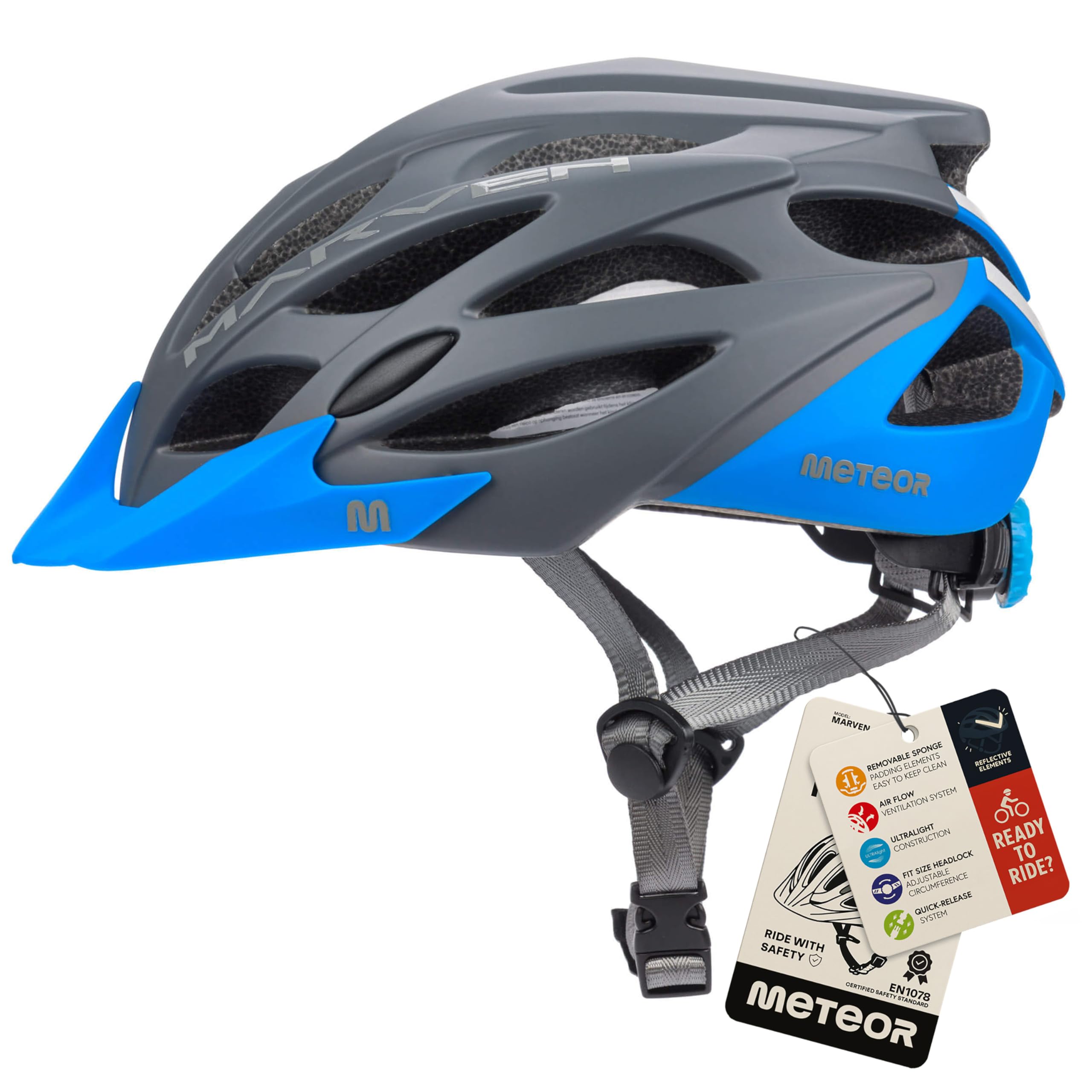 Meteor - MARVEN Cycle Helmet – Lightweight Adjustable Helmet for Men, Women, Kids – MTB, Bike, Scooter, Skateboard & Hoverboard – Breathable with Detachable Visor - Size S - Grey/Blue