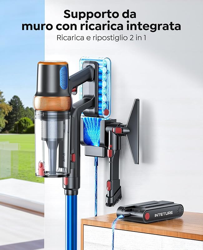 Aspirapolvere senza fili, 650 W, 55 KPA, aspirapolvere a bastone con touch screen, fino a 70 minuti di autonomia, potente aspirapolvere con supporto a parete ricaricabile, aspirapolvere leggero per — foto 6 di 8