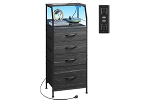 WLIVE Nightstand with Charging Station, Black Night Stand with LED Light, Tall 4 Drawer Dresser for Bedroom, 37" H Bedside Table with Fabric Storage Bins, Open Wood Shelf, Metal Frame