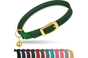 OOPSDOGGY Rolled Leather Cat Collar with Bell - Reflective Kitten Collar with Safety Elastic Strap - Adjustable Small Pet Collars for Boy Girl Cats (Green)